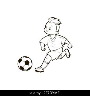 Malbuch; Darstellungen von Fußballjungen in verschiedenen Positionen, die einen Fußball spielen. Vektor-Illustration im Cartoon-Stil, schwarz-weiße Linienkunst . Stock Vektor