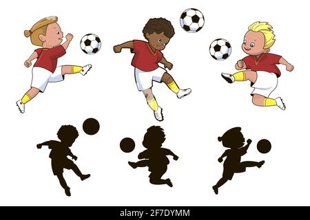 Finden Sie den richtigen Schatten.ein pädagogisches Spiel für Kinder auf der Thema des Sports, Jungen Fußballspieler kick einen Fußballball.Vektor-Illustration In Cartoo Stock Vektor