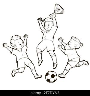Malbuch; Darstellungen von Fußballjungen in verschiedenen Positionen, die einen Fußball spielen. Vektor-Illustration im Cartoon-Stil, schwarz-weiße Linienkunst . Stock Vektor