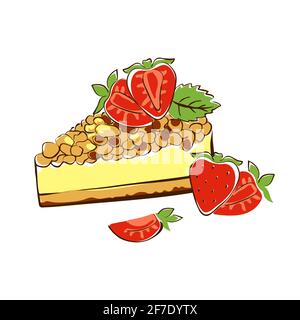 Kuchen, dreieckiges Stück sandigen Dessert in süße Creme getränkt und Garniert mit Fruit.Sketch, Doodle, Vektor-Illustration isoliert auf weißem Hintergrund Stock Vektor