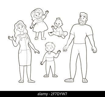 Malbuch: Große glückliche Familie im Freien, auf dem Hintergrund des Hauses und Wald. Vektor-Illustration im Cartoon-Stil, schwarz-weiße Linienkunst Stock Vektor