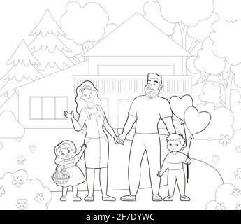 Malbuch: Große glückliche Familie im Freien, auf dem Hintergrund des Hauses und Wald. Vektor-Illustration im Cartoon-Stil, schwarz-weiße Linienkunst Stock Vektor