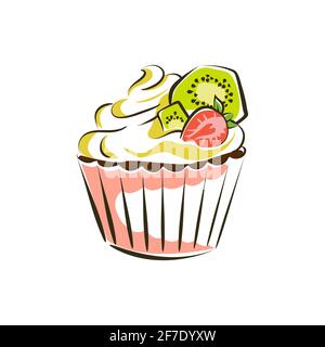 Cupcake, ein Stück Dessert, süße Sahnetorte mit saftigen Früchten und Berries.Vector Illustration in flachem Stil, Skizze für Menüs und Teehäuser dekoriert Stock Vektor