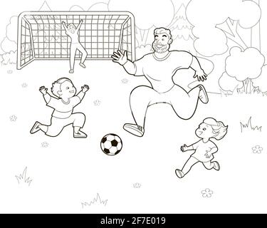 Malbuch Familie Fußball spielen auf dem Rasen.Mutter Vater und Kinder kick den Ball.Vector Illustration in Cartoon-Stil, schwarz und weiß Strichkunst Stock Vektor