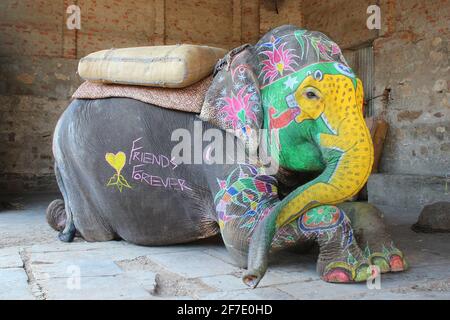 indische farbenfrohe Elefanten auf dem Markt Stockfoto