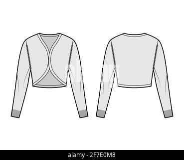 Bolero-Strickjacke mit Schulterzucken und technischer Fashion-Illustration mit V-Ausschnitt, langen Ärmeln, schlanker Passform, Crop-Länge, Rippstrick-Besatz. Flache Sweatshirt-Bekleidung vorne, hinten, in grauer Farbgebung. Frauen, Männer Unisex-CAD-Modell Stock Vektor