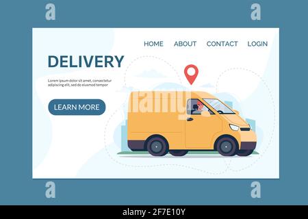 Home Delivery Service-Konzept. Lieferwagen, Kurier auf dem LKW. Website-Vorlage mit flachen Vektorgrafiken Stock Vektor