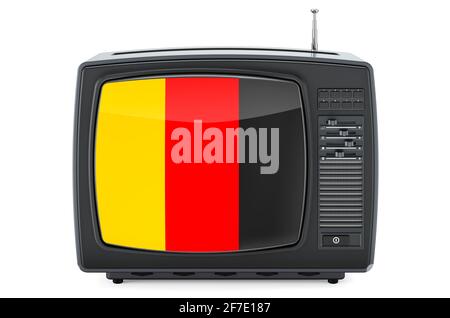 Belgisches Fernsehkonzept. Fernseher mit Flagge von Belgien. 3D-Rendering auf weißem Hintergrund isoliert Stockfoto