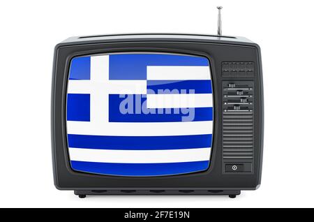 Griechisches Fernsehkonzept. Fernseher mit Flagge von Griechenland. 3D-Rendering auf weißem Hintergrund isoliert Stockfoto