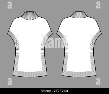 Poncho Pullover technische Mode-Illustration mit geripptem Rollkragen, kurzen Fledermausärmeln, überdimensioniert, Hüftlänge, Strickbesatz. Flatwear vorne, hinten, in weißer Farbgebung. Frauen, Männer Unisex-CAD-Modell Stock Vektor