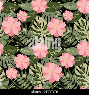 Hawaiianische Muster exotische tropische Blätter und Blumen auf dunklem Hintergrund. Nahtloses Tropenmuster für Tapeten, Textilien oder Papier. Stock Vektor