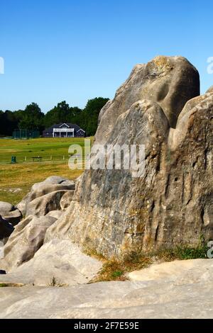 Detail eines Teils der Wellington Rocks, Cricket Ground und Pavillon im Hintergrund, Tunbridge Wells Common, Royal Tunbridge Wells, Kent, England Stockfoto