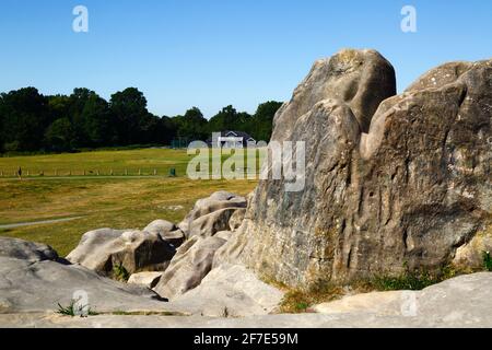 Detail eines Teils der Wellington Rocks, Cricket Ground und Pavillon im Hintergrund, Tunbridge Wells Common, Royal Tunbridge Wells, Kent, England Stockfoto