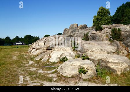 Detail eines Teils der Wellington Rocks, Cricket Ground und Pavillon im Hintergrund, Tunbridge Wells Common, Royal Tunbridge Wells, Kent, England Stockfoto