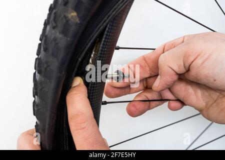 Reparatur von Fahrradschlauchs. Eine Hand einer Person installiert ein presta-Ventil an einem schlauchlosen Carbon-Mountainbike-Rad. Stockfoto