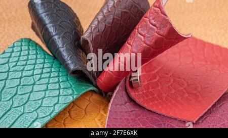 Bunte Muster aus echtem Leder, Textur. Abstrakter Hintergrund Stockfoto
