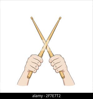 Rock and Roll Musik Konzept Hand hält Drumsticks isoliert weiß Vektordarstellung im Hintergrund Stock Vektor