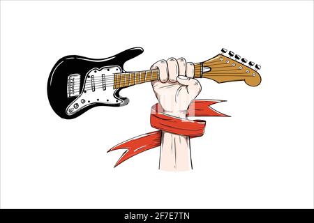Hand hält E-Gitarre mit roten Band Musik Konzept Vektor Abbildung Stock Vektor