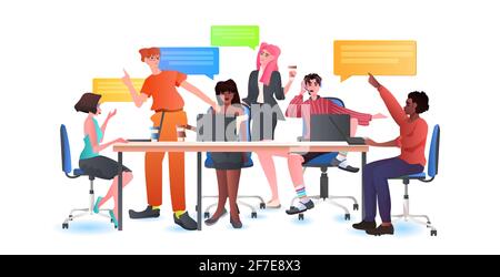 Mischen Sie Rennen Geschäftsleute Gruppe diskutieren während der Sitzung am runden Tisch Teamarbeit Chat Bubble Kommunikation Stock Vektor