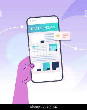 Hand mit der mobilen App zum Online-Lesen von Nachrichten Zeitung oder Magazin auf Smartphone-Bildschirm aktuelle Nachrichten Stock Vektor