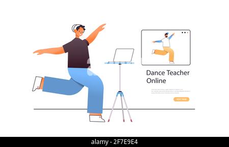 Männliche Tänzerin macht Tanzübungen, während sie sich Online-Videotraining ansieht Programm mit Tanzlehrer Trainingskonzept Stock Vektor