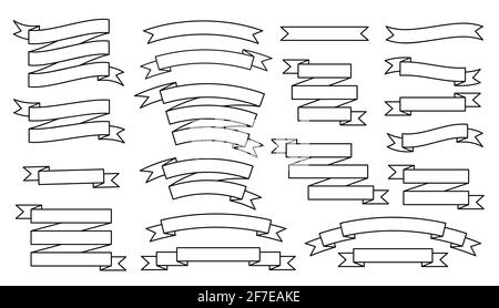 Set von schwarzen Linien Vektor Vintage-Bänder mit transparenten Linien isoliert auf weiß. Retro Bändchenbanner im modernen schlichten flachen Design. Dekorationselemente für Postkarten, Rabatte und Aktionen. Stock Vektor