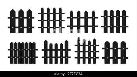 Zaun schwarze Silhouette flache Cartoon-Set. Ländliche Holzzäune, Streikposten Garten Holz Wand Haus Konzepte. Handgezeichnete Pfostenpfälle, Weide, Zaun und Wand, Sammlung. Isolierte Vektordarstellung Stock Vektor