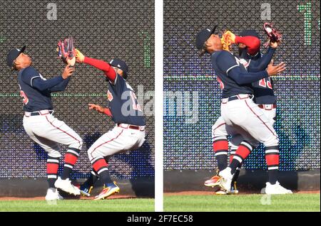 Washington, Usa. April 2021. Atlanta Braves-Mittelfeldspieler Christan Pache und der Rechtsfeldspieler Ronald Acuna (R) vermeiden Verletzungen, wenn sie beim 6. Inning-Spiel im Nationals Park in Washington, DC, am Dienstag, den 6. April 2021, kollidieren, während Pache einen langen Flug der Washington Nationals Starlin Castro an der Wand erhascht. Die Nationals gewannen 6-5. Foto von Pat Benic/UPI Credit: UPI/Alamy Live News Stockfoto