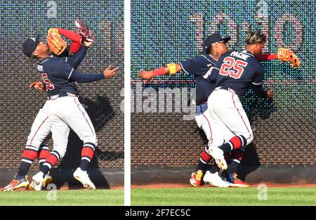 Washington, Usa. April 2021. Atlanta Braves-Mittelfeldspieler Christan Pache (25) und Rightfielder Ronald Acuna vermeiden Verletzungen, wenn sie beim 6. Inning-Spiel im Nationals Park in Washington, DC am Dienstag, den 6. April 2021, kollidieren, während Pache einen langen Flug der Washington Nationals Starlin Castro an der Wand erhascht. Die Nationals gewannen 6-5. Foto von Pat Benic/UPI Credit: UPI/Alamy Live News Stockfoto