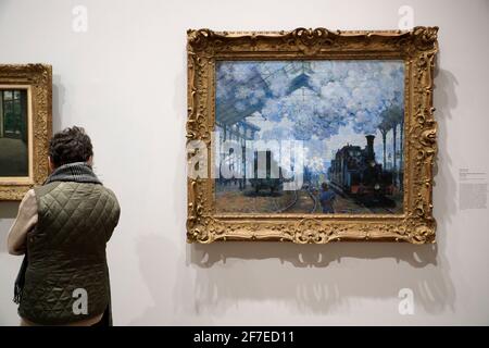 Das Ölgemälde des Gare Saint-Lazare: Ankunft eines Zuges, 1877 von Claude Monet Ausstellung im Fogg Museum.Harvard University.Cambridge.Massachusetts.USA Stockfoto