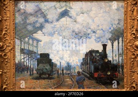 Eine geschlossene Ansicht des Gare Saint-Lazare: Ankunft eines Zuges, 1877 von Claude Monet Ausstellung im Fogg Museum.Harvard University.Cambridge.Massachusetts.USA Stockfoto