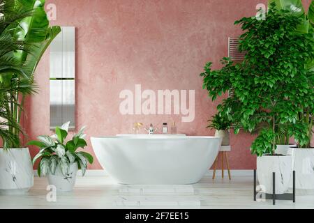 Modernes Badezimmer-Innenraumdesign auf dunkelroter Wand, 3d-Rendering Stockfoto