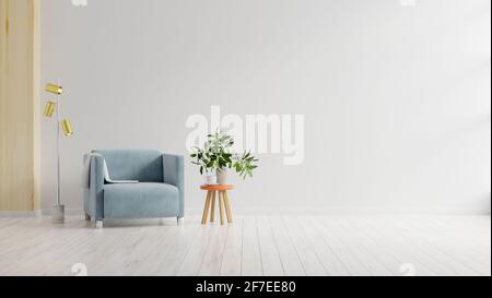Wohnzimmer mit blauem Stoffsessel an leerer weißer Wand Hintergrund.3d-Rendering Stockfoto