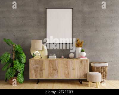 Mockup Rahmen auf Schrank im Wohnzimmer Innenraum auf leer Betonwandhintergrund, 3D-Rendering Stockfoto
