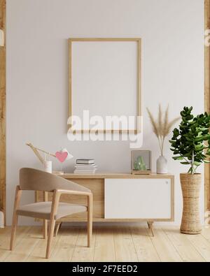 Mockup-Rahmen im Wohnzimmer-Interieur, skandinavischer Stil, 3d-Rendering Stockfoto