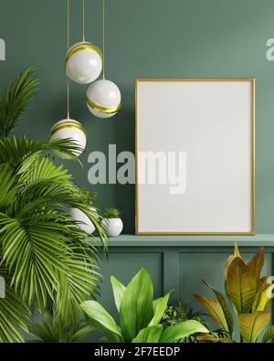 Mockup Fotorahmen auf dem grünen Regal mit schönen Pflanzen, 3d Rendering Stockfoto