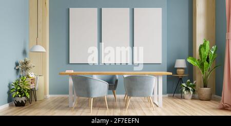 Mockup-Poster in moderner Innenarchitektur des Speisesaals mit dunklem Design Blaue leere Wände.3d-Rendering Stockfoto
