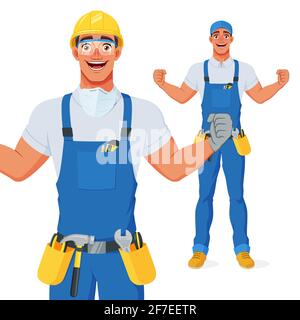 Aufgeregter Handwerker mit Schutzbrille und Hut feiert Erfolg mit erhobenem Arm. Cartoon Vektorfigur. Stock Vektor