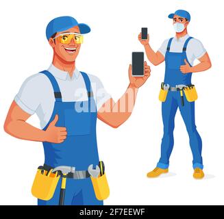 Handyman in Lätzchen Overalls und Schutzbrille zeigt leeren Smartphone-Bildschirm mit Daumen nach oben. Vektorgrafik Zeichentrickfigur. Stock Vektor