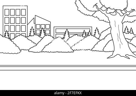 Blick auf den Stadtpark mit Jogging- und Fahrradwegen. Schwarzweiß-Hintergrund. Malbuch Illustration. Vektorgrafik Stock Vektor