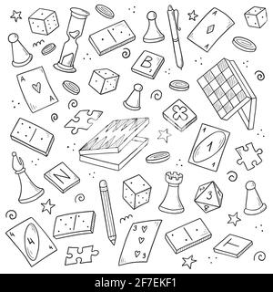Handgezeichneter Satz Brettspiel-Element, Karten, Schach, Sanduhr, Chips, Würfel, Dominosteine. Doodle-Skizzenstil. Isolierte Vektor-Illustration für Brettspiele Shop, Geschäft, Spiel Wettbewerb. Stock Vektor