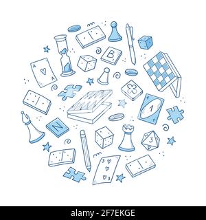 Handgezeichneter Satz Brettspiel-Element, Karten, Schach, Sanduhr, Chips, Würfel, Dominosteine. Doodle-Skizzenstil. Isolierte Vektor-Illustration für Brettspiele Shop, Geschäft, Spiel Wettbewerb. Stock Vektor