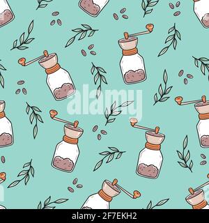 Nahtlose Vektor-Muster der Umrisse Retro-Kaffeemühlen und Tassen Inmitten von Blättern und Bohnen handgezogen im Doodle-Stil Stock Vektor