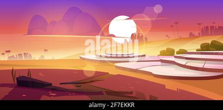 Asiatische Reisfeld-Terrassen in den Bergen Sonnenuntergangslandschaft. Paddy Plantage, Kaskaden Bauernhof in Mount Felsen mit Sonne gehen in schönen orange bewölkten Himmel, Landschaft Dämmerung Ansicht, Cartoon-Vektor-Illustration Stock Vektor