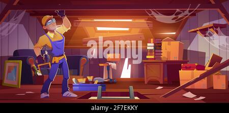 Arbeiter reparieren alten Dachboden im Haus. Handwerker mit Instrumenten Festsetzung Dachkammer mit gebrochenem Dach, Wände und Balken, Bauarbeiten auf chaotische Mansarde mit Luke und Fenster, Cartoon-Vektor-Illustration Stock Vektor