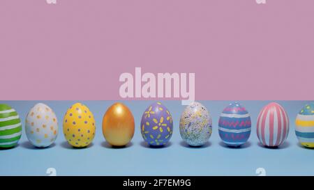 Bunte ostereier auf blauem und rosa Hintergrund. Karte für Frohe Ostern. Grußkarte. Flach liegend, Draufsicht, Kopierbereich Stockfoto