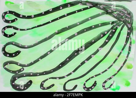 Floraler Hintergrund. Aquarell abstraktes Blumengemälde, stilisierte Zeichnung einer märchenhaften Fantasy-Blume auf grünem Hintergrund, mit schwarzen Linien. Stockfoto