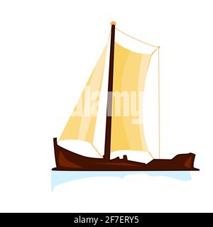 Segelboot isoliert auf weißem Hintergrund. Retro-Yacht oder Segelschiff mit gelben Segeln. Altes Fischerboot. Altes Segelschiff. Vektorgrafik für Aktien Stock Vektor