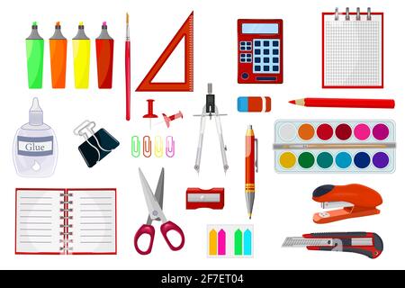Schreibwaren, die isoliert auf weißem Hintergrund eingestellt sind. Schulbedarf und Sammlung von Gegenständen. Zubehör für den Arbeitsbereich im Bildungsbereich. Sachen für Büro und educ Stock Vektor