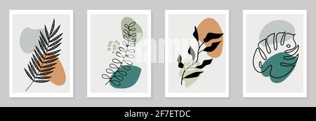 Satz von botanischen Wand Kunst. Linie Kunst Zeichnung mit abstrakter Form. Abstraktes Pflanzenkunstdesign für Print, Cover, Tapete, hängend, Poster, Und Karte Stock Vektor